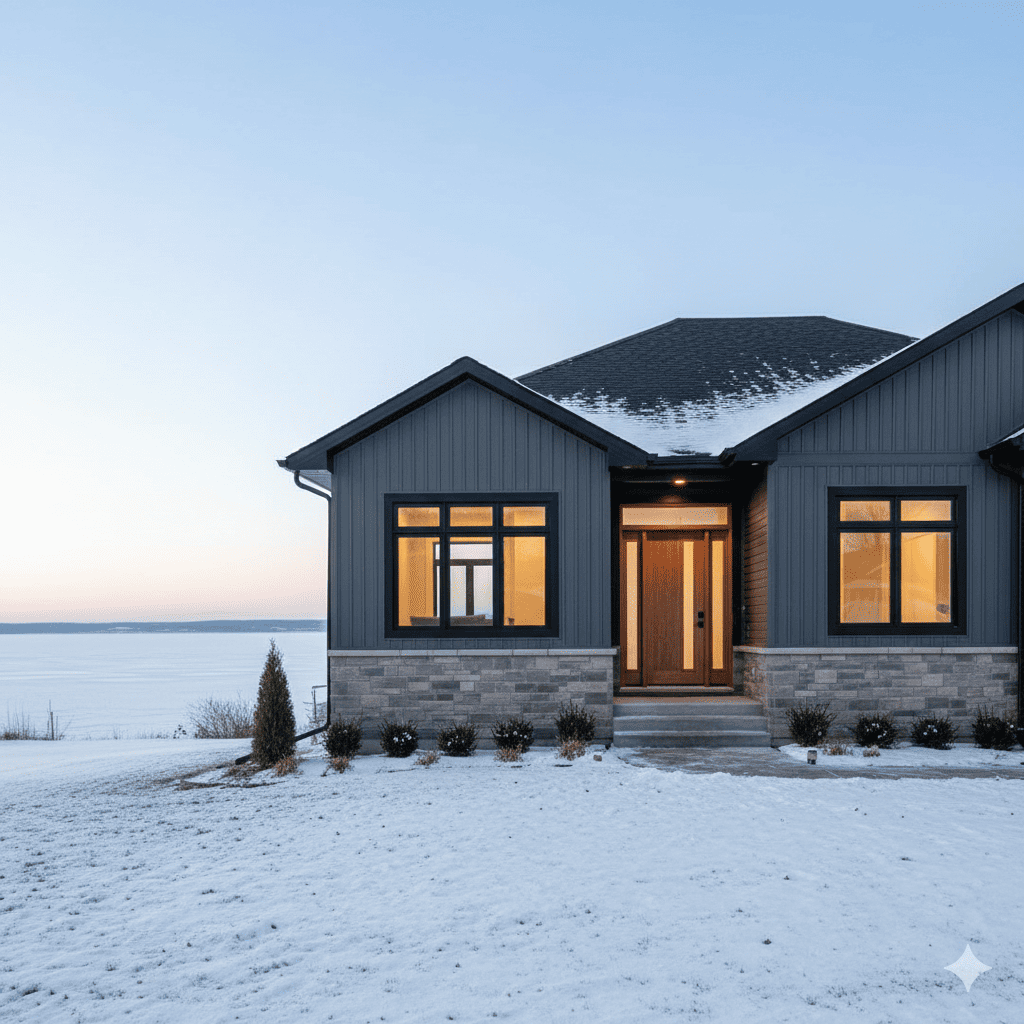 Modern home in Barrie, Ontario with new energy‑efficient windows and front door in winter.