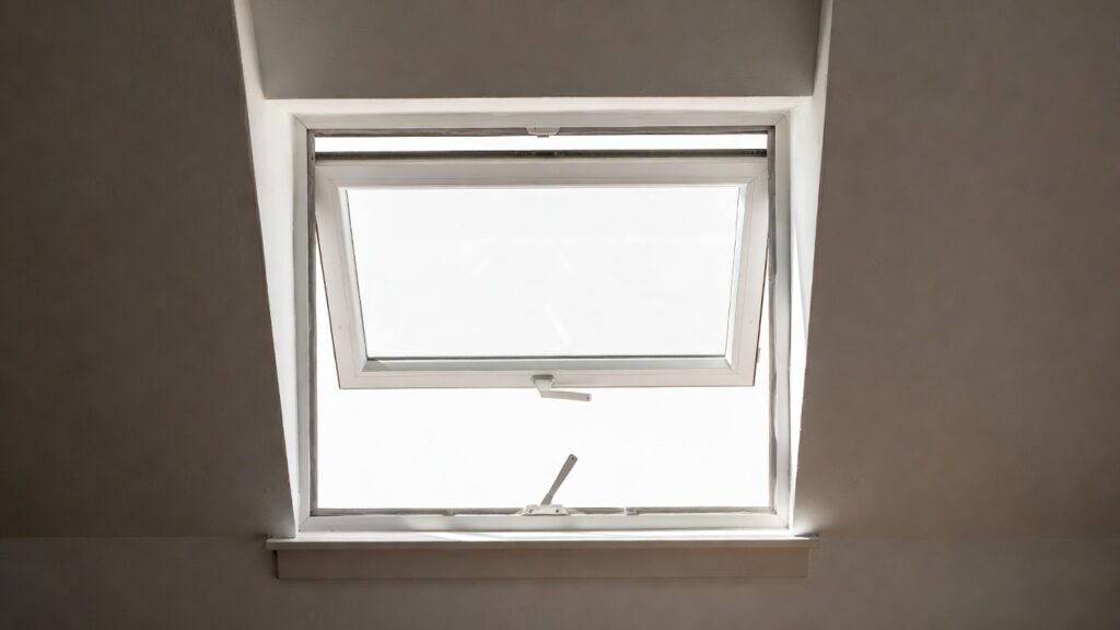 Awning window open outward from the bottom on a top hinge.