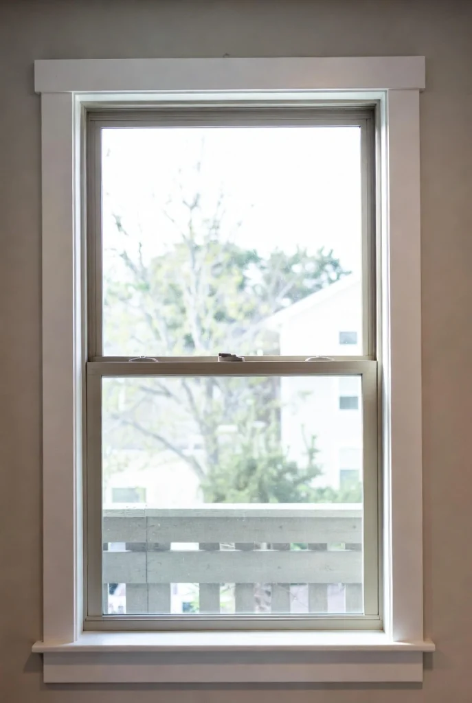 Closed double hung window with upper and lower sashes