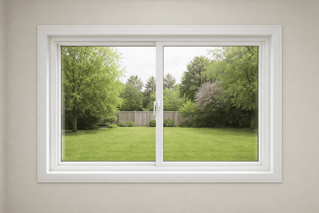 Closed double slider window with two operable sashes.