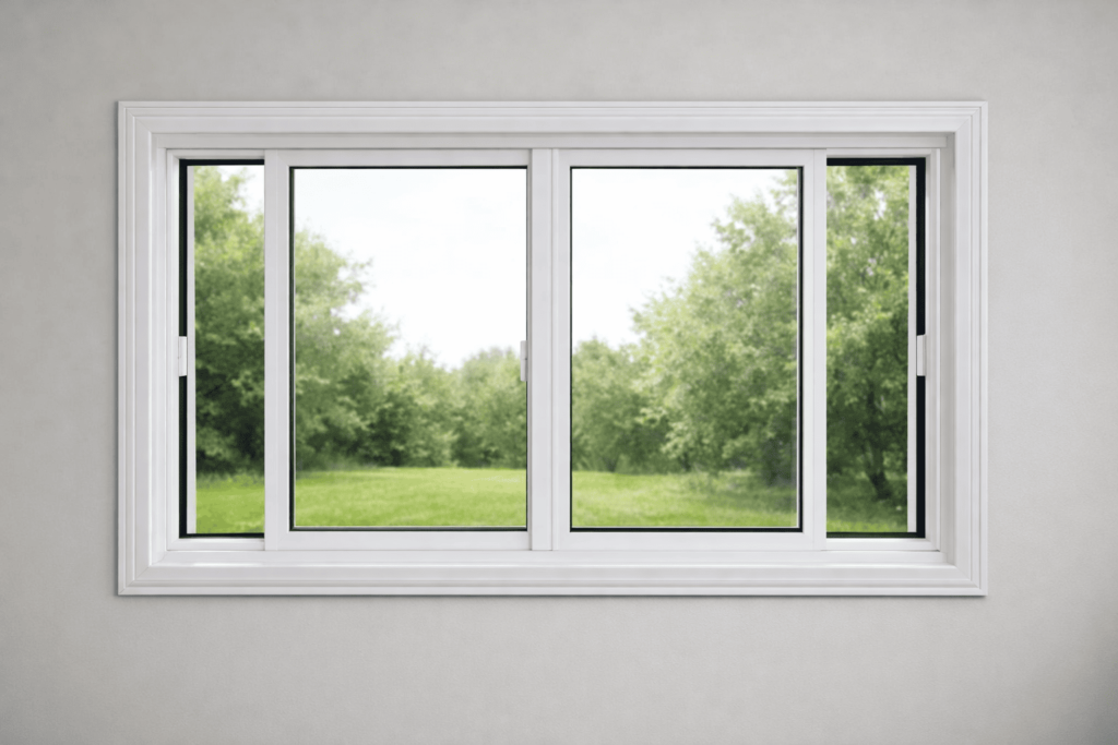 Double slider window partially open, sashes sliding left and right.