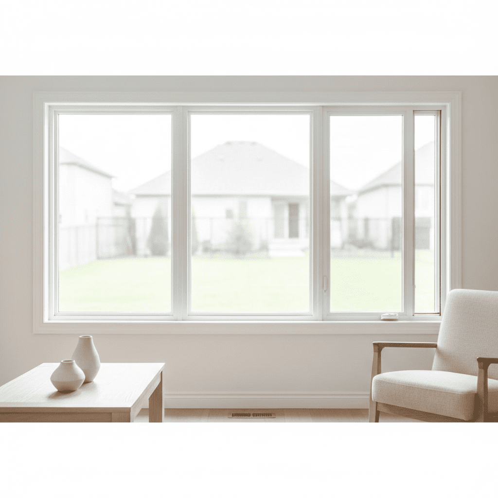 End vent slider window interior view with wide fixed center pane