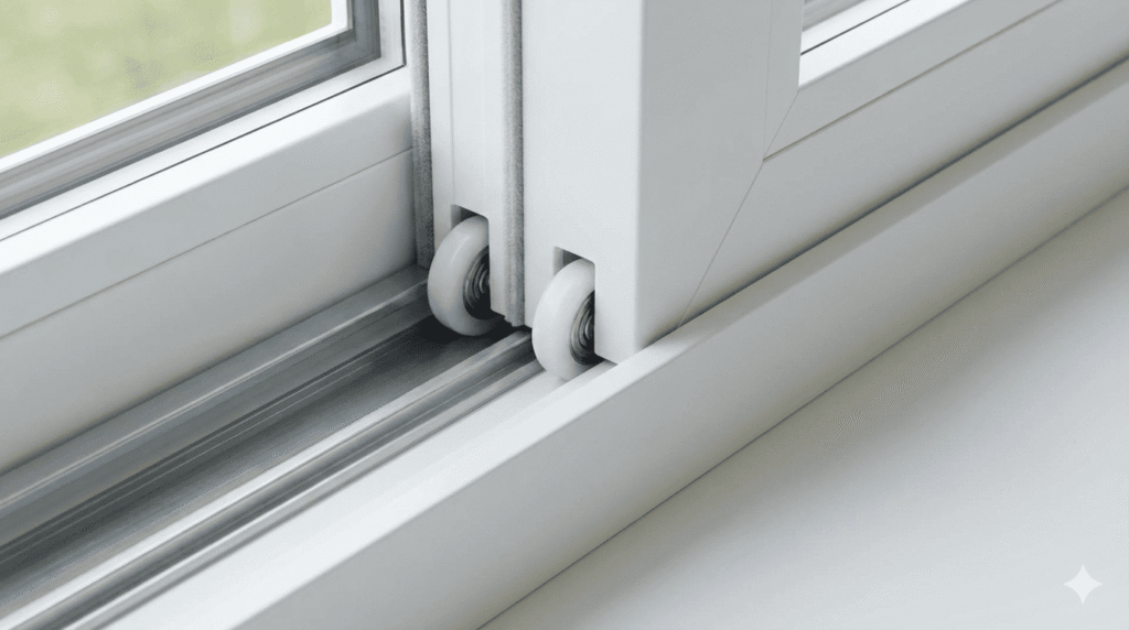 Close-up of a single slider window track and weatherstripping for a tight seal and smooth glide.