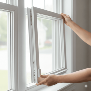 Close-up of a double-hung window sash tilted inward for cleaning.