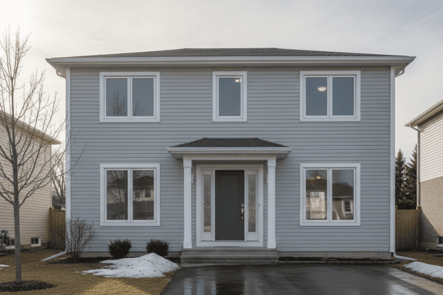 Aurora, Ontario home exterior with newly installed windows and a front entry door.