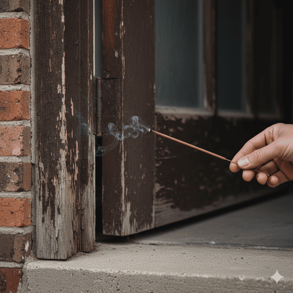 Testing for air drafts around an old damaged door frame in Aurora home