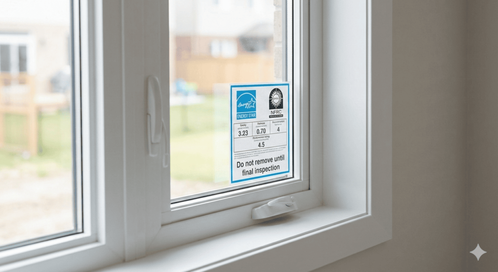 Close-up of a newly installed window with an ENERGY STAR certification label left on the glass for documentation.