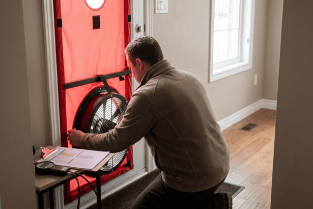 Registered energy advisor performing a blower door test during a pre-retrofit home energy evaluation.