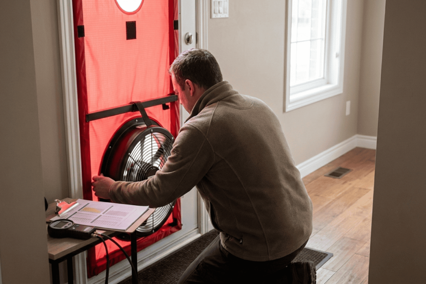 Registered energy advisor performing a blower door test during a pre-retrofit home energy evaluation.