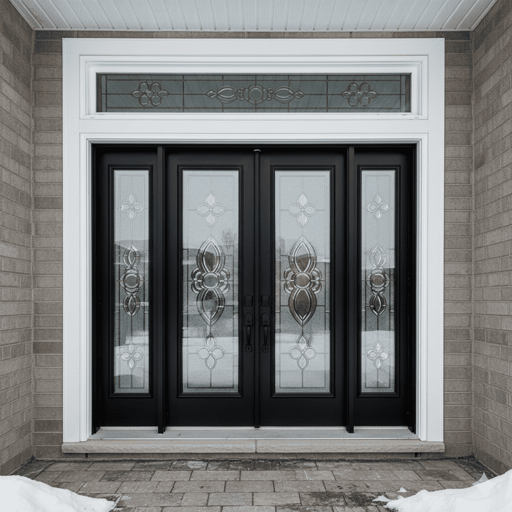 Custom front entry door with sidelights and a transom installed in Barrie, ON.