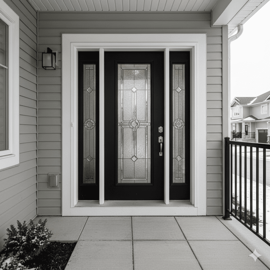 Front entry door with decorative glass panel and sidelights on a home in Barrie, ON.