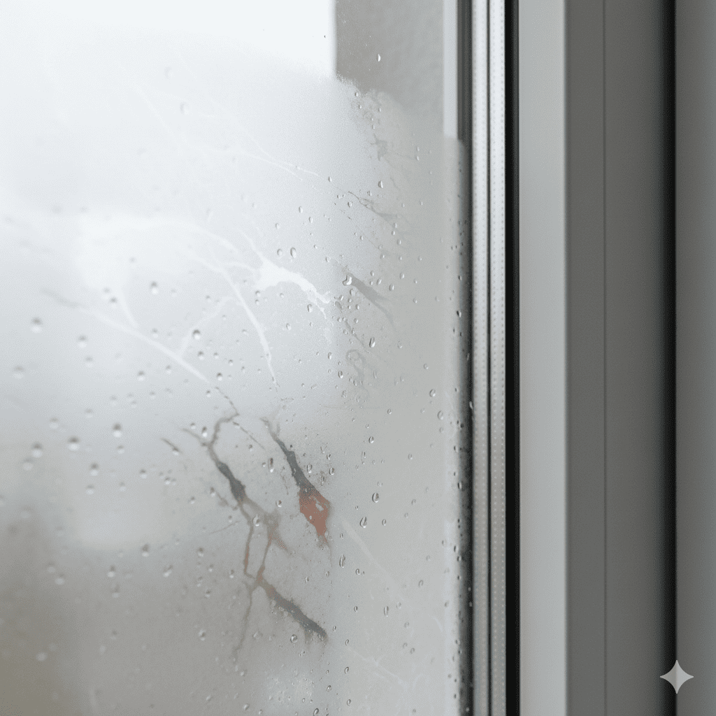 Condensation between window panes caused by a broken window seal.