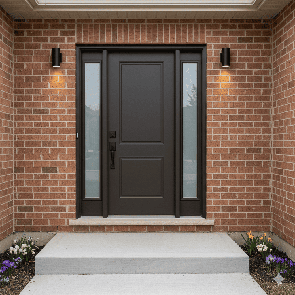 Newly installed modern dark brown fiberglass entry door in Aurora Ontario home