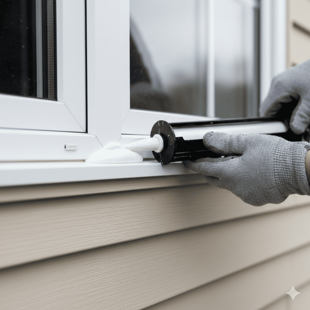 Close-up of exterior sealant applied around a newly installed window frame.