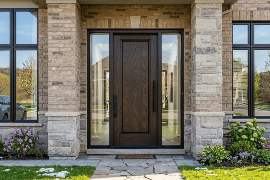 Modern fiberglass entry door installation in Aurora Ontario by Omega Universal